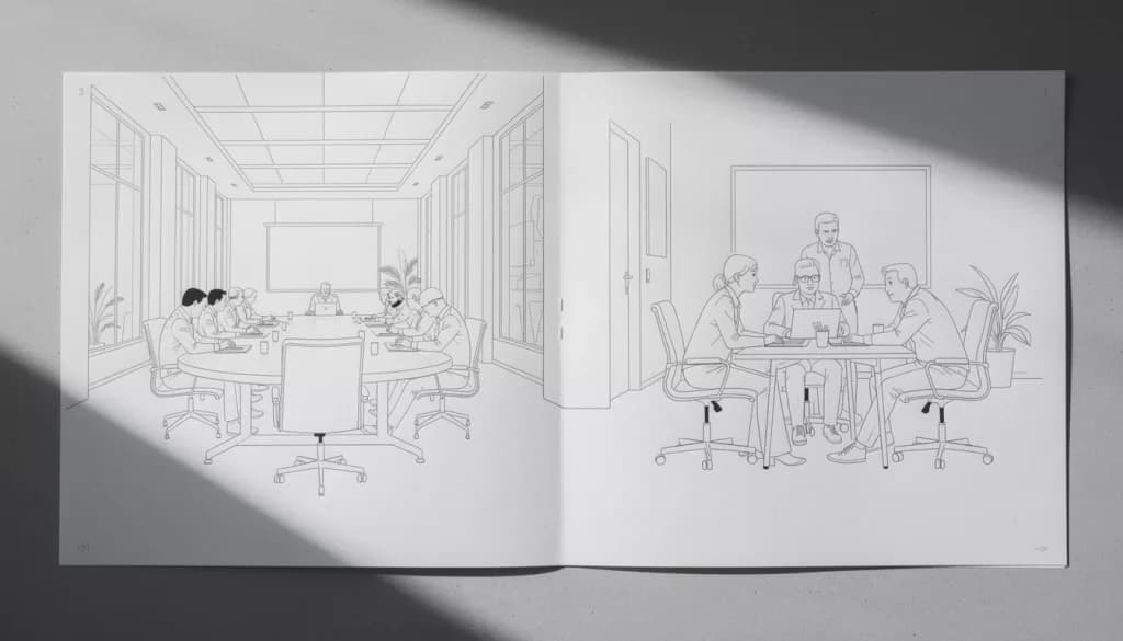 Open sketchbook comparing a large agency meeting room with a small team around one table