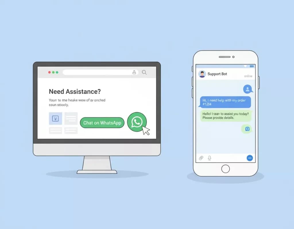 Website with a Chat on WhatsApp button next to a phone showing the conversation it starts