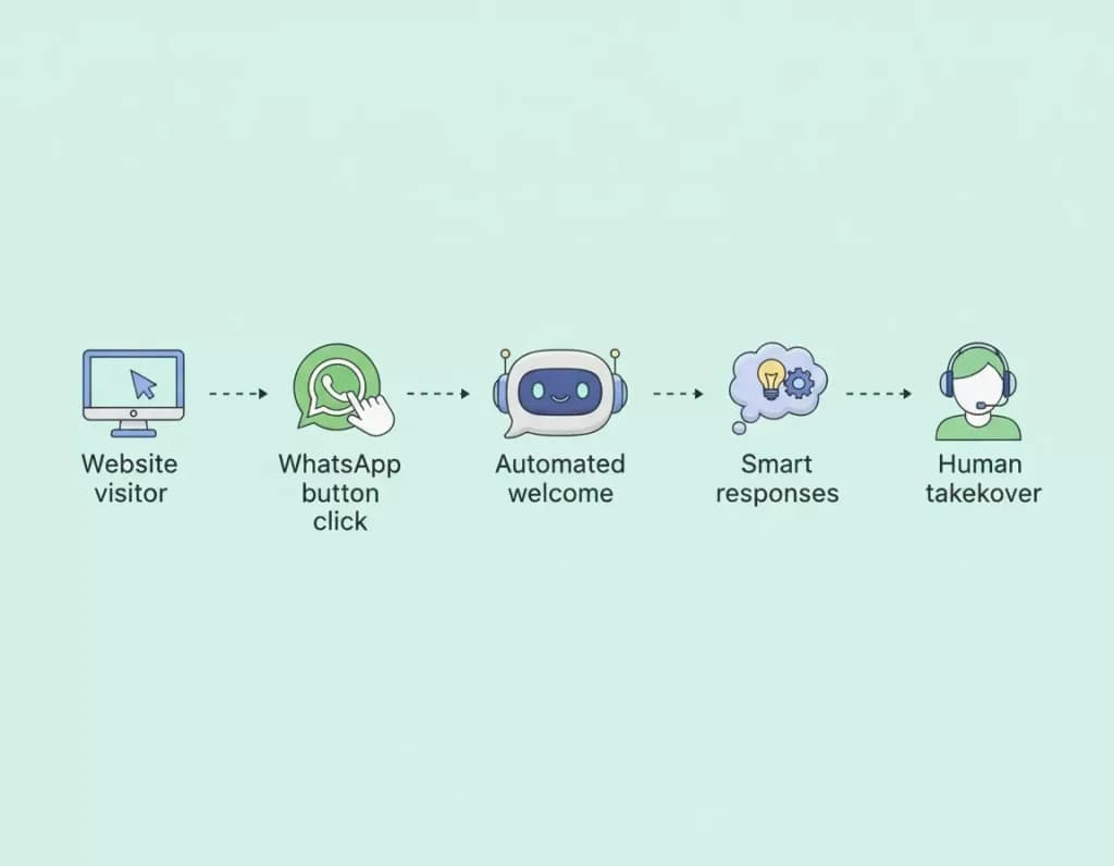 Flow from website visitor to WhatsApp button click, automated welcome, smart responses and human takeover