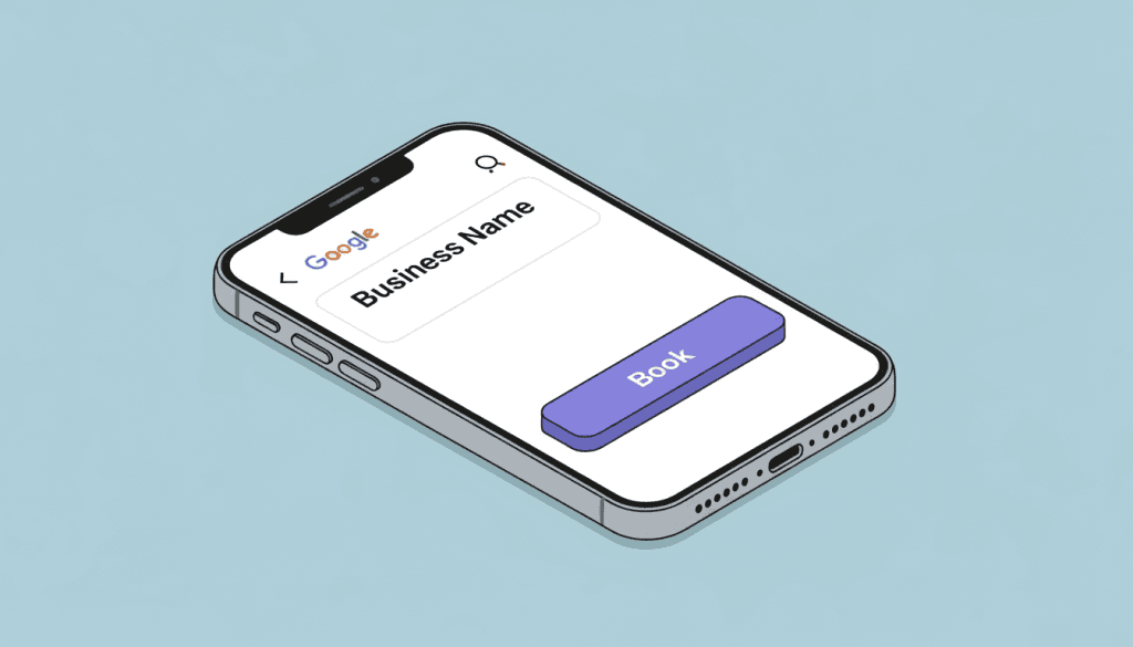 Phone showing a Google business listing with a Book button