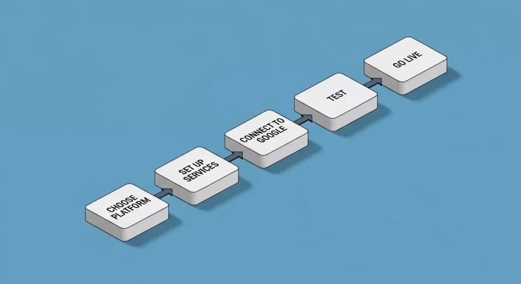 Steps from choose platform to set up services, connect to Google, test and go live
