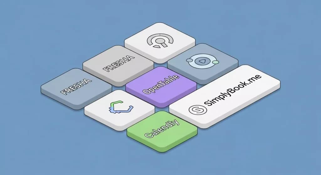 Tiles for booking platforms including Fresha, OpenTable, Calendly and SimplyBook.me