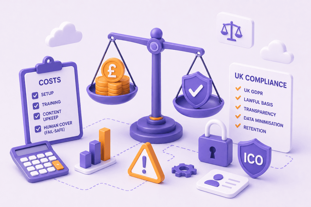 Scales weighing costs against UK compliance, with a costs checklist, calculator, padlock and ICO shield