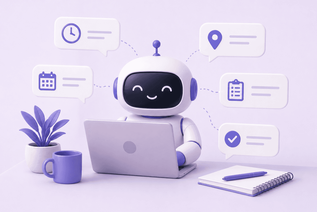 Friendly robot assistant at a laptop surrounded by calendar, location, checklist and clock message bubbles