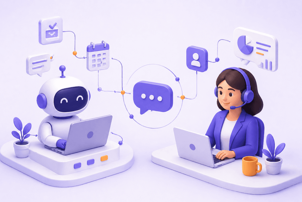 Robot and a human support agent with a headset at laptops, linked by a shared conversation flow