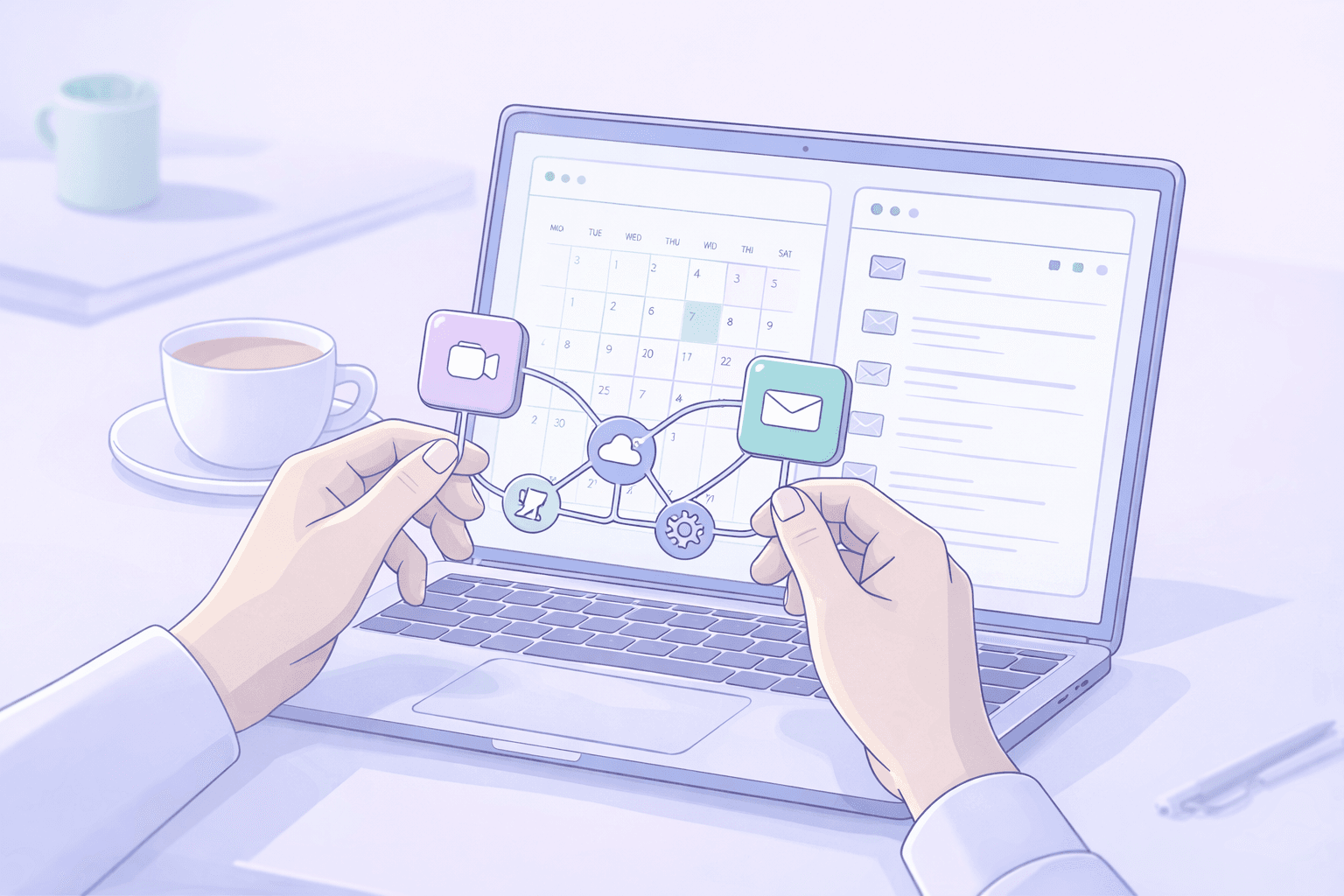 Connecting calendar and email apps for AI automation, showing trigger and action workflow.