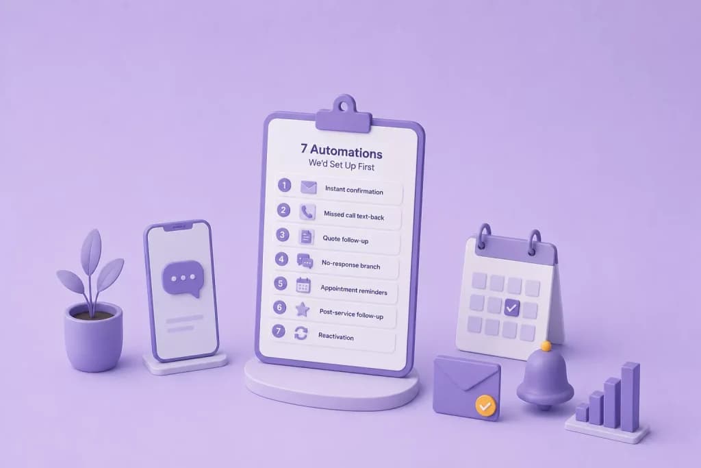 Clipboard listing 7 automations to set up first, from instant confirmation to reactivation, beside a phone and calendar
