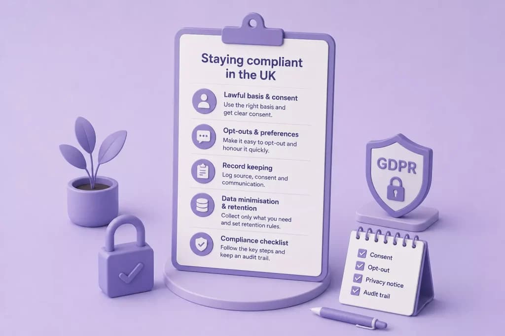 Clipboard checklist for staying compliant in the UK: lawful basis, opt-outs, record keeping and data retention, with a GDPR shield