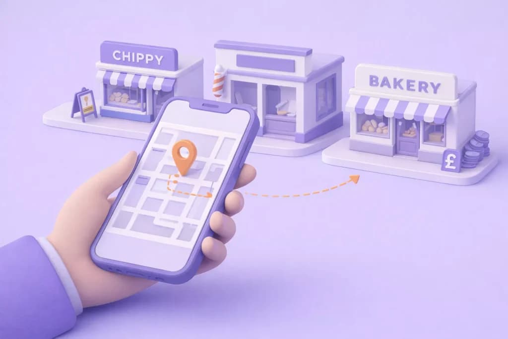 Hand holding a phone map with a route to local shops including a chippy and a bakery