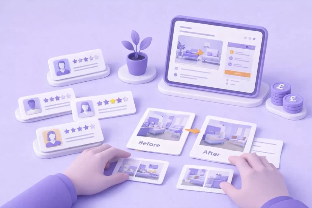 Hands arranging star reviews and before and after photos next to a tablet website