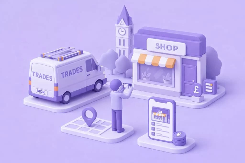 Trades van, local shop and clock tower with a person checking a phone near a map pin