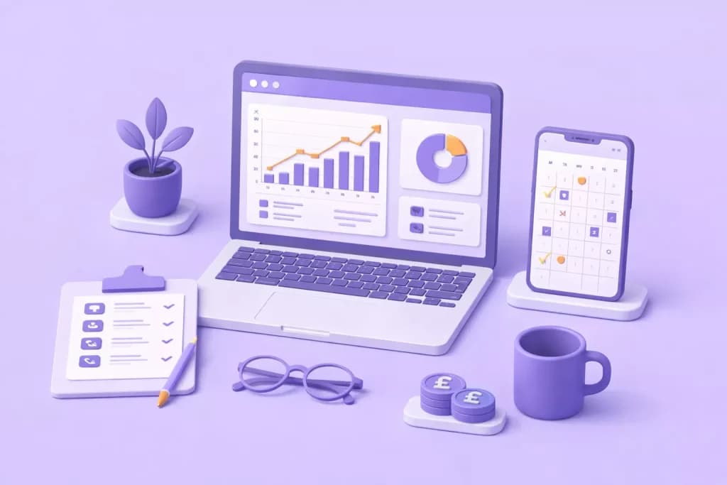 Laptop dashboard with charts beside a phone calendar, checklist, glasses and mug