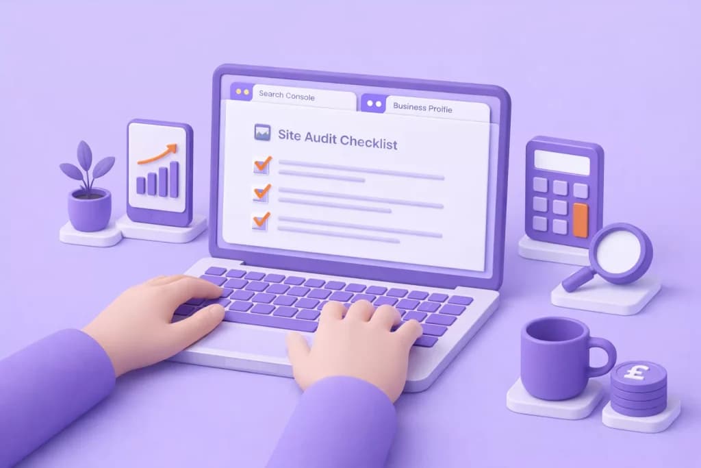 Hands typing on a laptop showing a site audit checklist