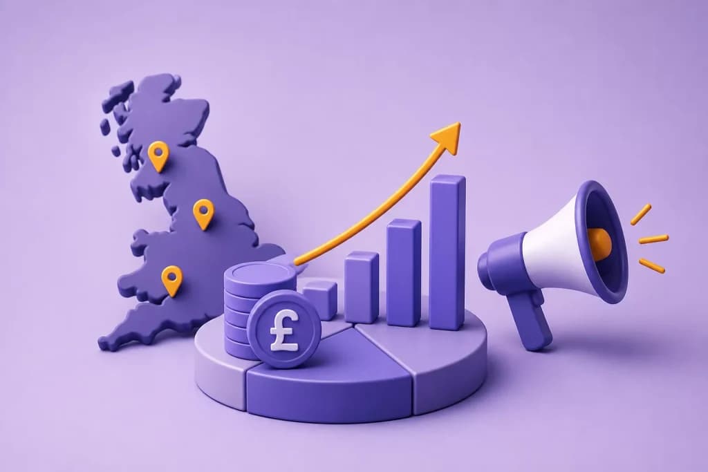 UK map with location pins beside pound coins, rising bar charts and a megaphone