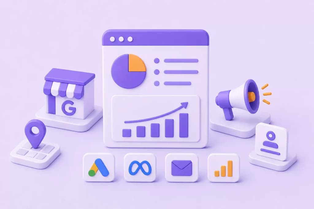 Marketing dashboard surrounded by Google Business Profile, Google Ads, Meta, email and analytics icons