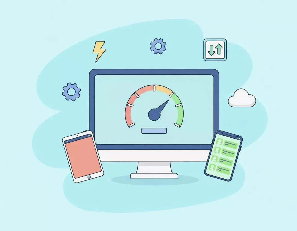 Illustration of a desktop monitor showing a speed gauge, with a tablet, phone, gears and a lightning bolt around it