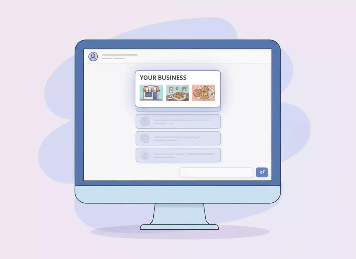 Illustration of an AI chat window on a monitor recommending a business card labelled Your Business