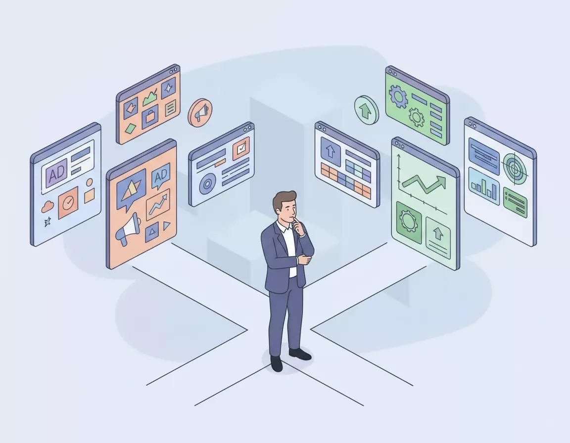 Illustration of a business owner at a crossroads weighing up floating panels for ads, social media, websites and analytics
