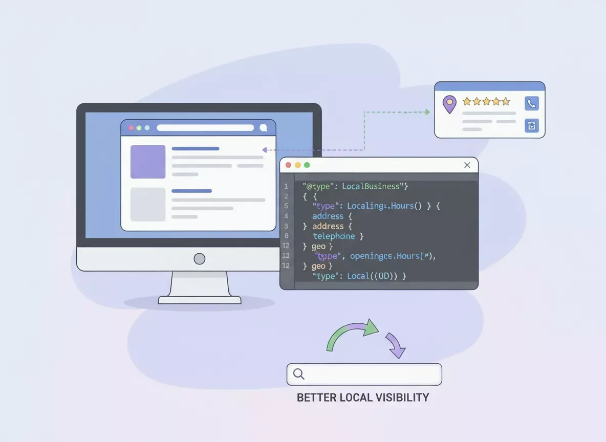 Illustration of a website and LocalBusiness schema code feeding a search result with ratings, labelled better local visibility