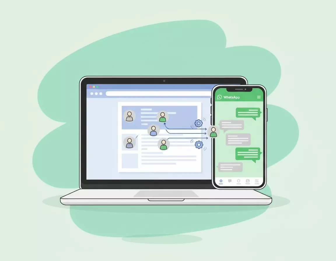 Illustration of a laptop website with visitor icons flowing into a WhatsApp chat on a phone