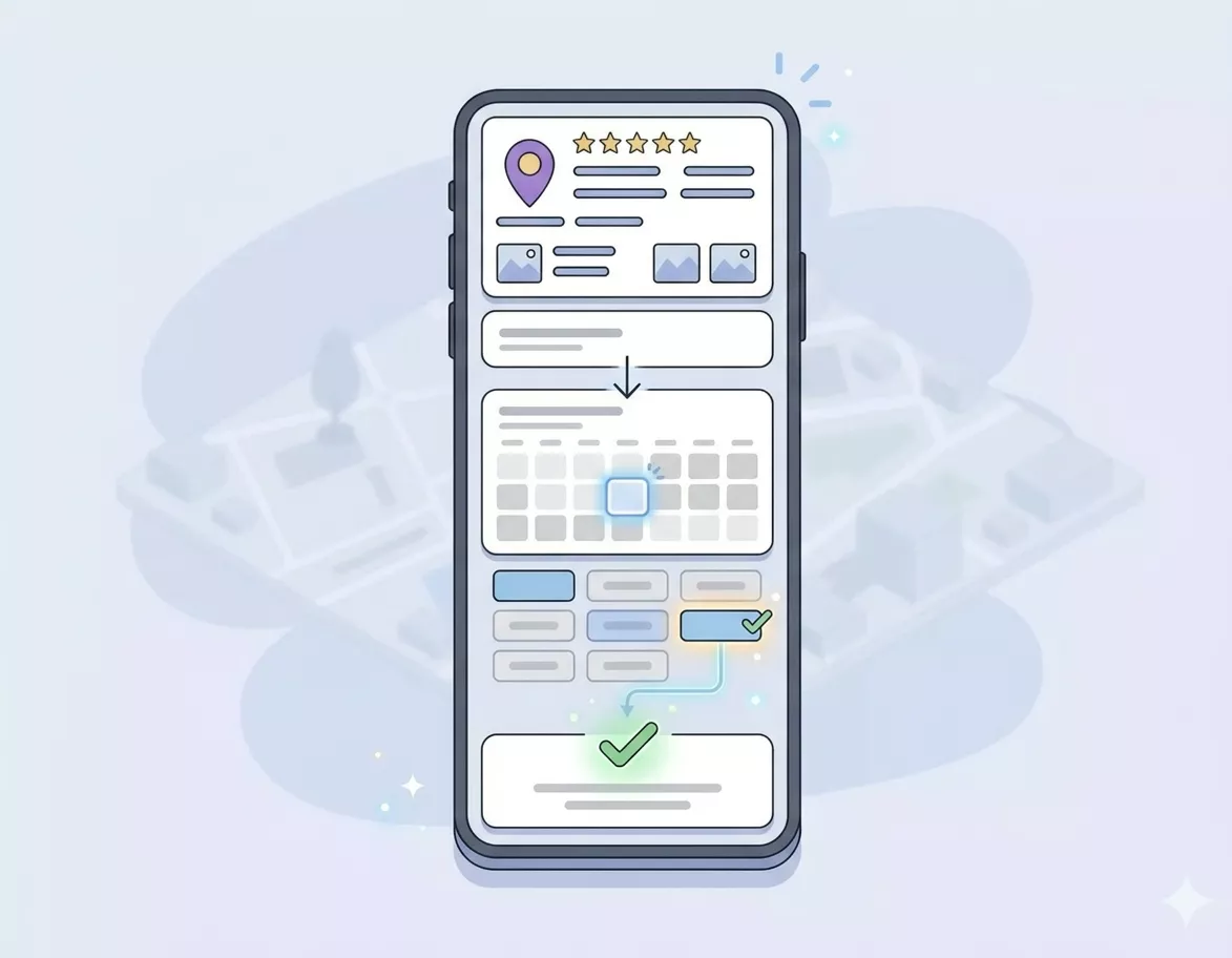 Illustration of a phone showing a business listing, a calendar and a confirmed booking tick