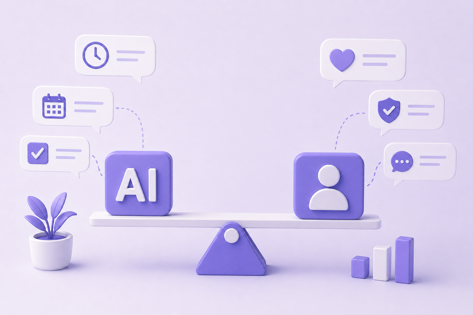 Seesaw balancing an AI block and a person icon, surrounded by calendar, clock and message icons