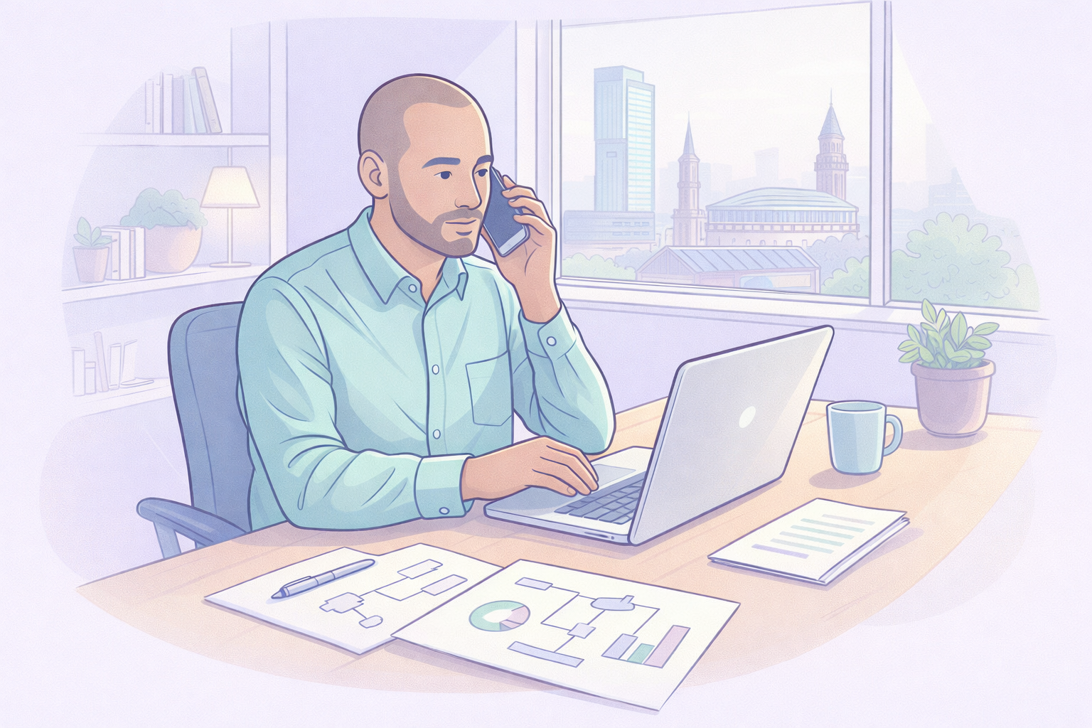 Illustration of a business owner on the phone at a laptop, with workflow diagrams on the desk and a city skyline outside