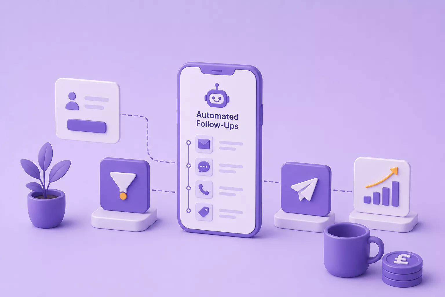 Illustration of a phone showing an automated follow-ups flow linking a lead form, filter funnel, message send and growth chart