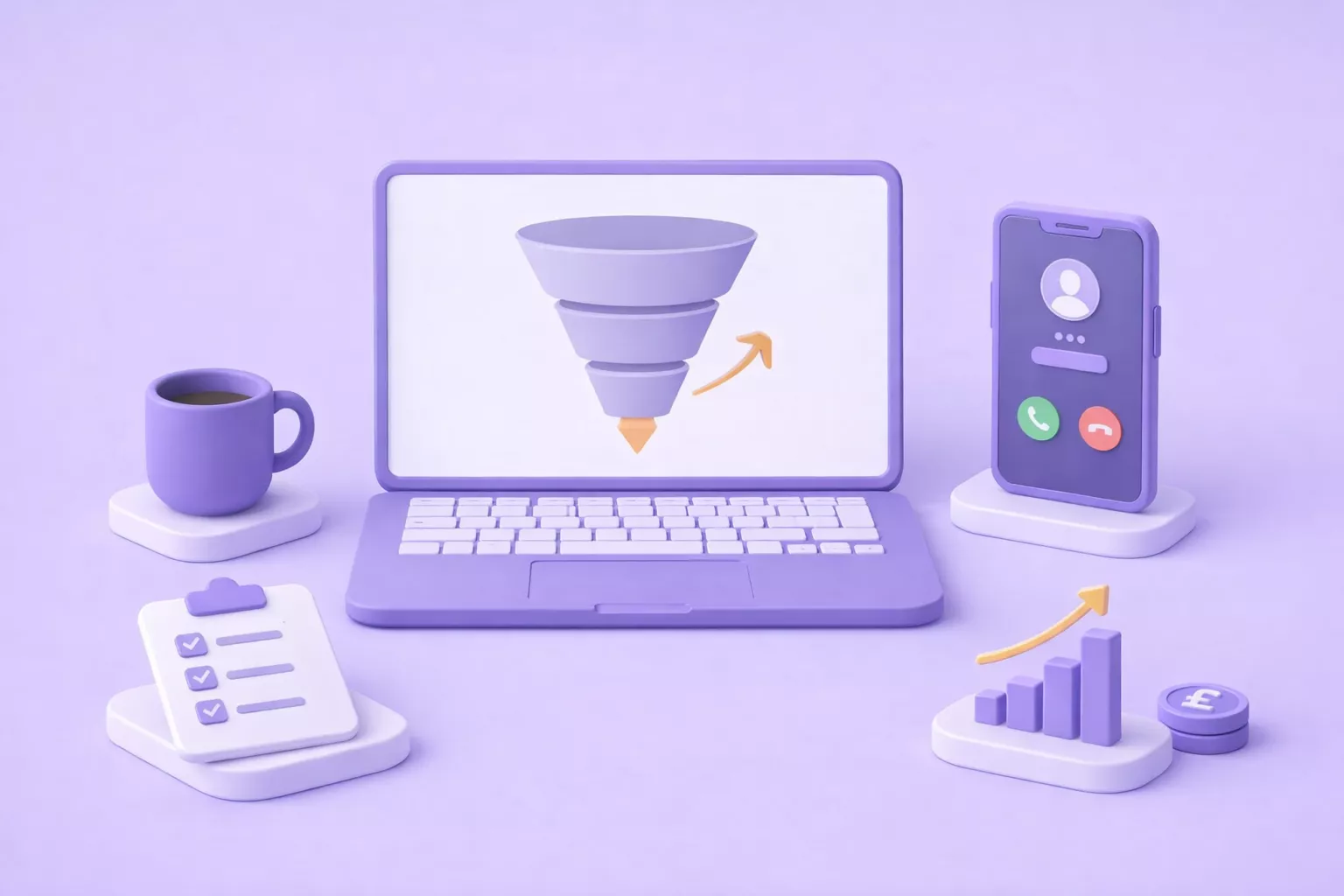 Illustration of a laptop showing a sales funnel beside a phone call, checklist and growth chart