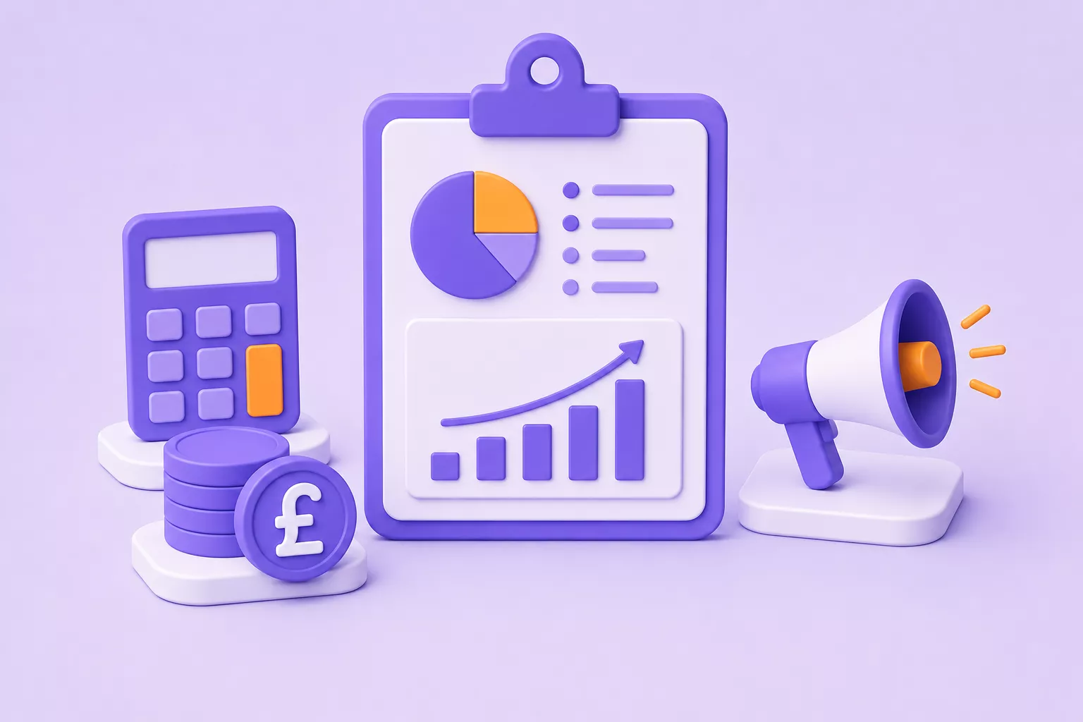 Illustration of a budget report clipboard with a pie chart and growth bars beside a calculator, pound coins and a megaphone