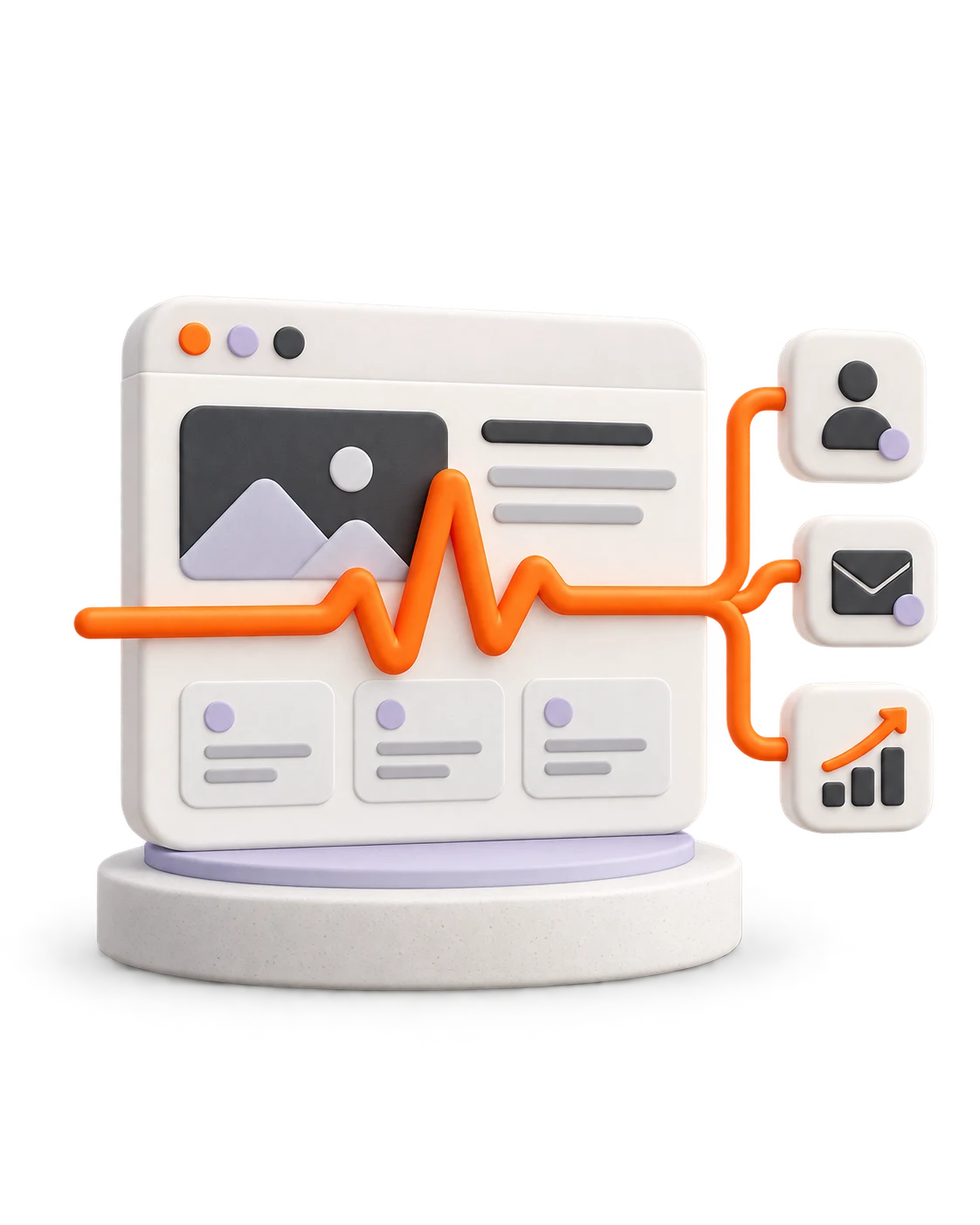 An orange heartbeat pulse running through a website and connecting leads, messages and growth