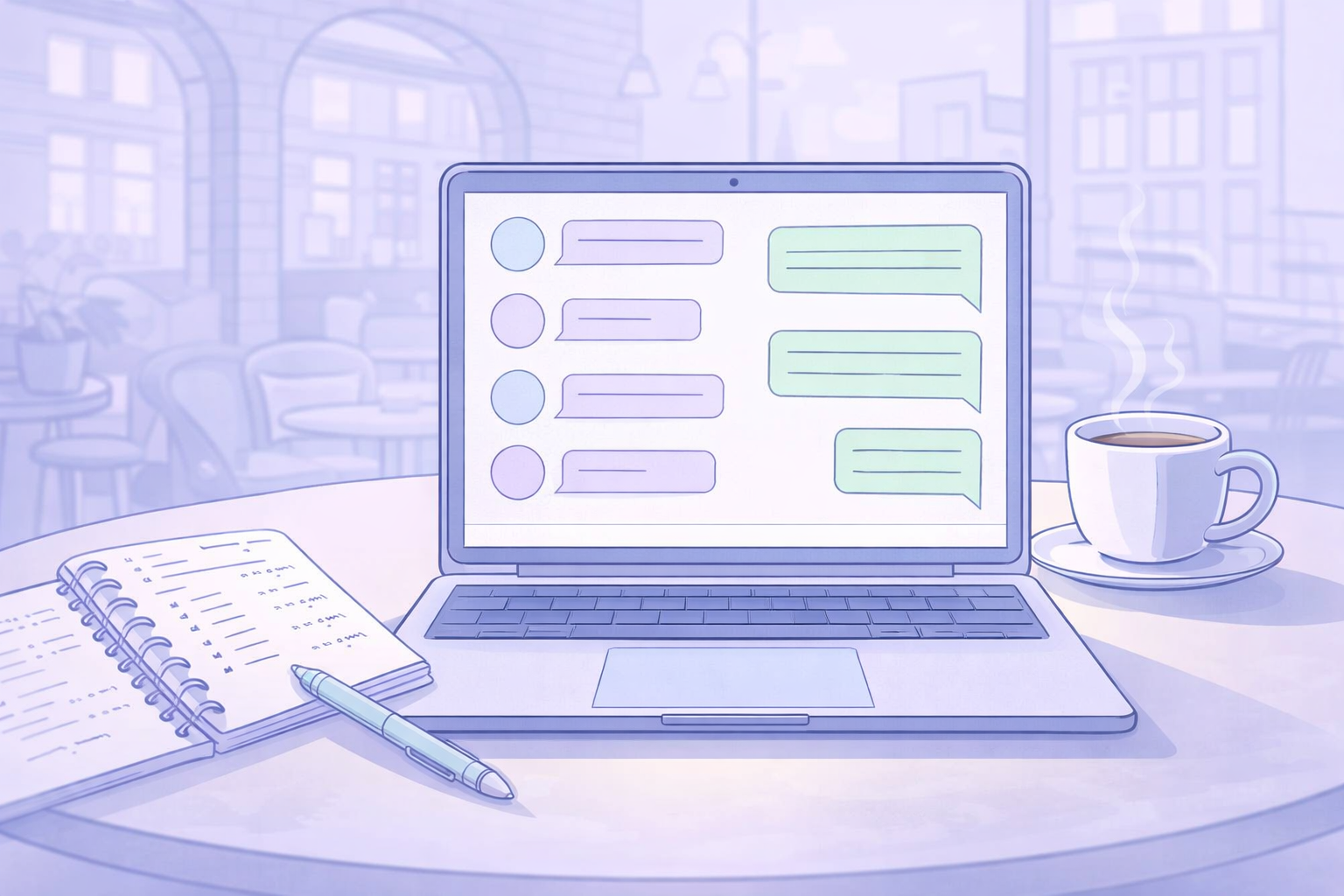 Laptop and notebook used to estimate AI chatbot cost in a Manchester café.