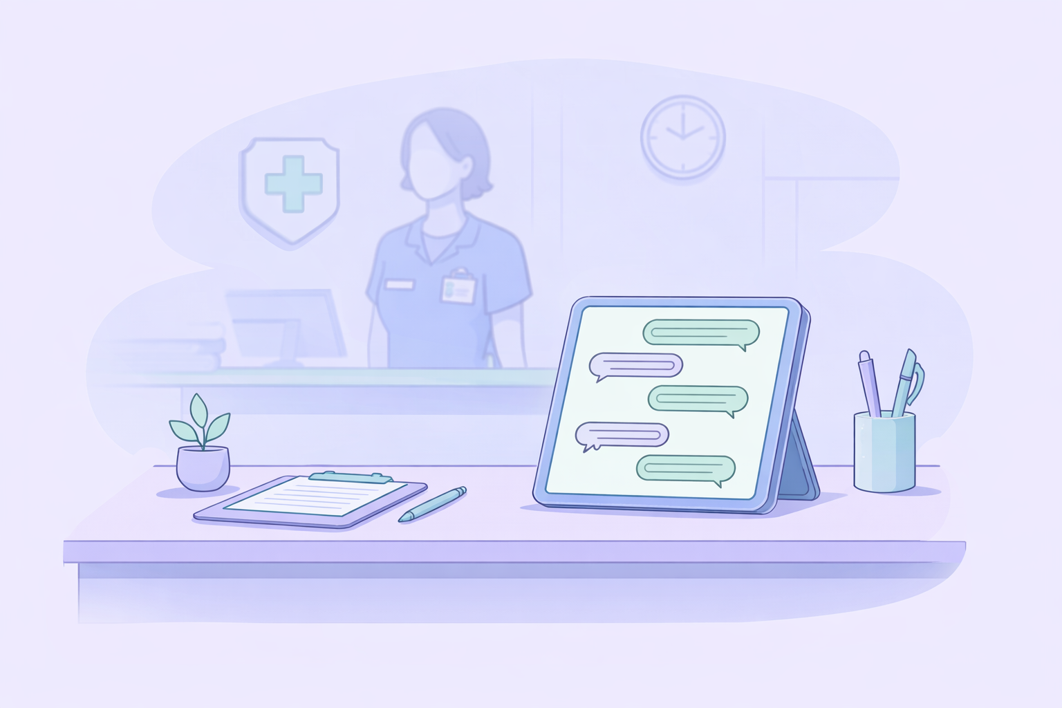 Clinic reception reviewing chatbot enquiries and handover workflow on a tablet.