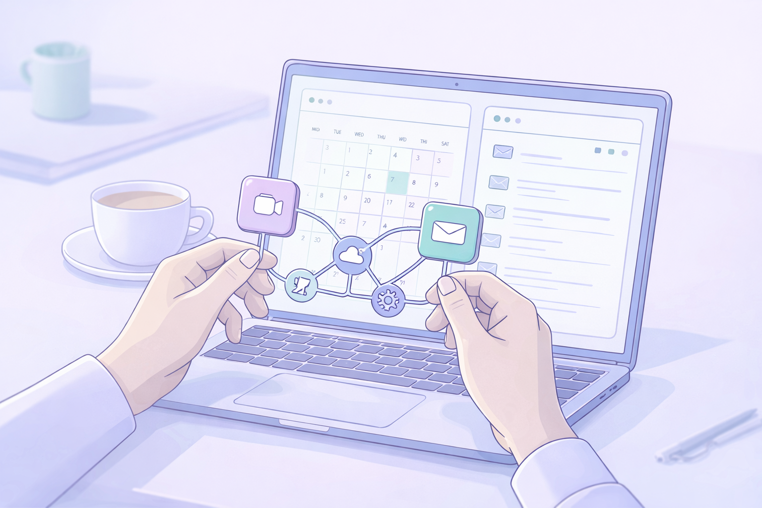 Connecting calendar and email apps for AI automation, showing trigger and action workflow.