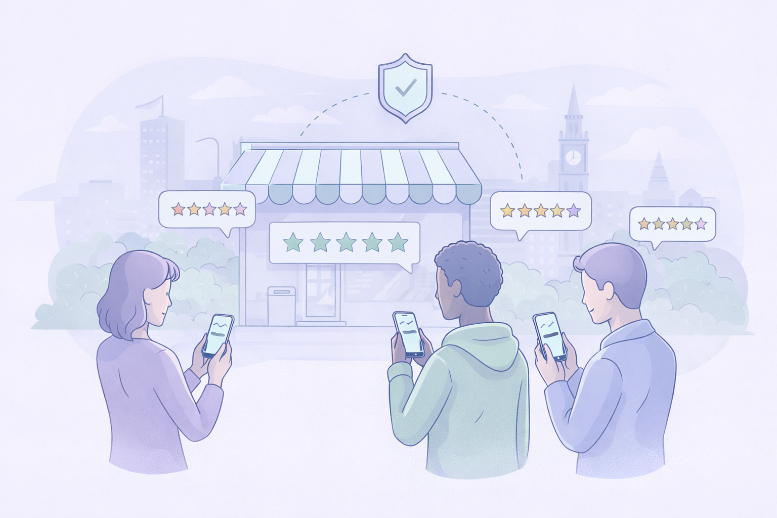 People checking online reviews for a Manchester shop