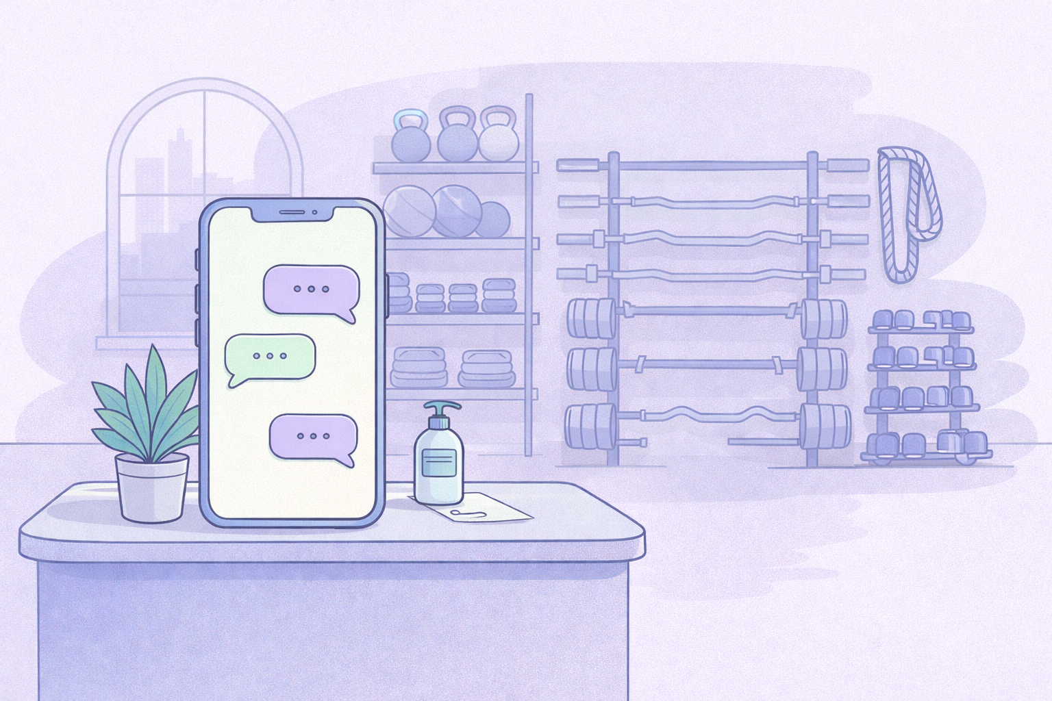 Manchester gym staff checking chat enquiries on phone at front desk.