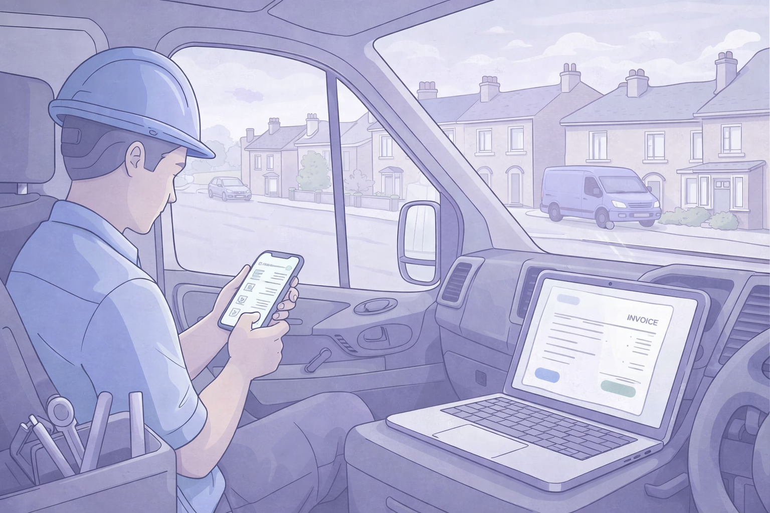 Trades workflow with AI automation: job details on phone and invoice draft on laptop.